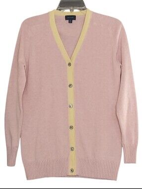 Façonnable Pink Heathered V-Neck Longsleeves Cardigan with Yellow Trim Preppy